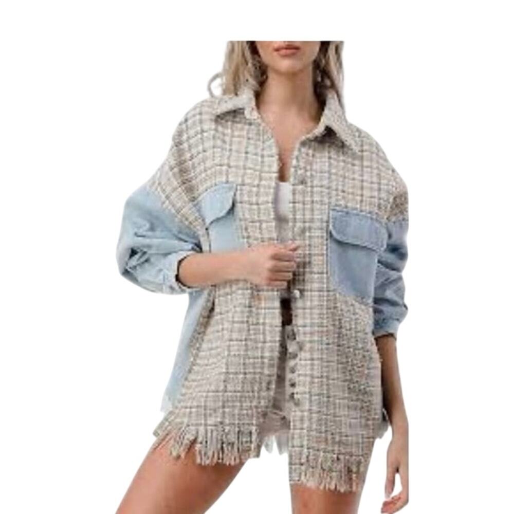 Grace + Karma Mixed Denim and Plaid Tweed Shacket Oversized medium